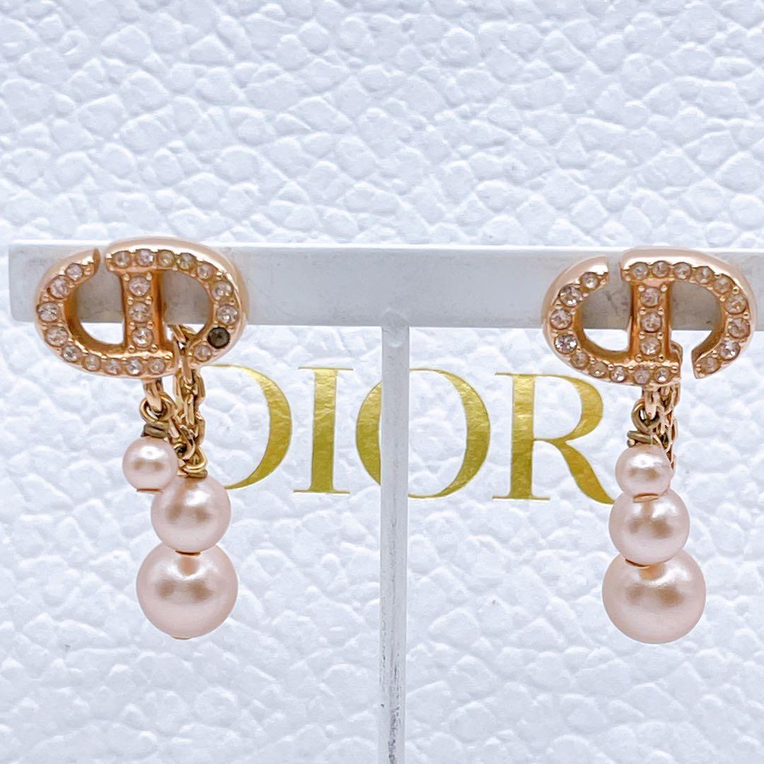 Christian Dior ピアス　ネイビー　パール　トリプル　ピンクゴールド