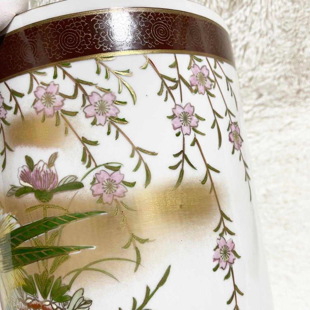 新品未使用 九谷焼 高級傘立て 金緑 花と鳥 手描き手作 開運 風水 開運 金運