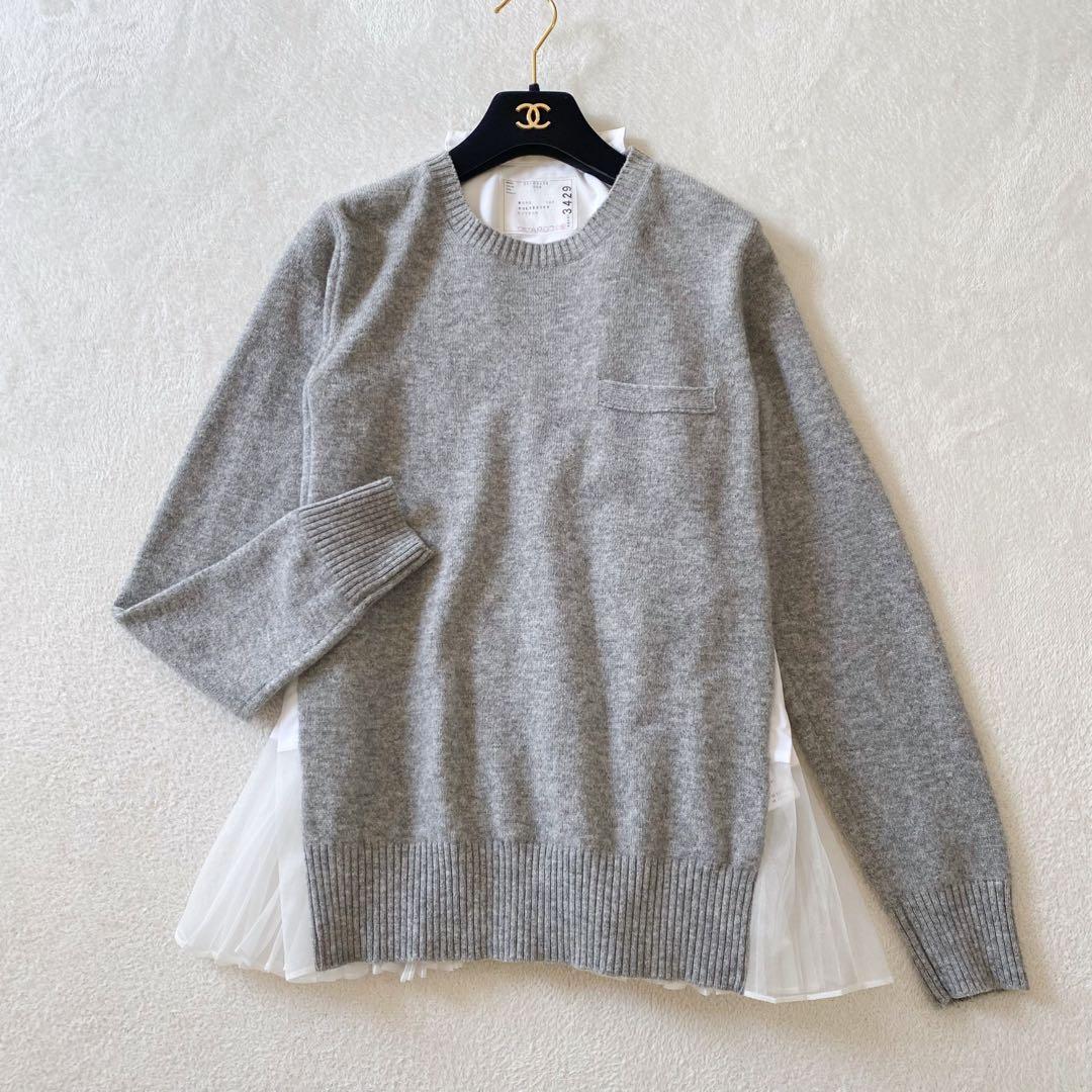 sacai サカイ　異素材ドッキング　ニットプルオーバー プリーツ グレー M
