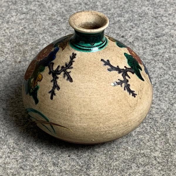 九谷焼青手角福菊に小鳥図油壺 [B28383]