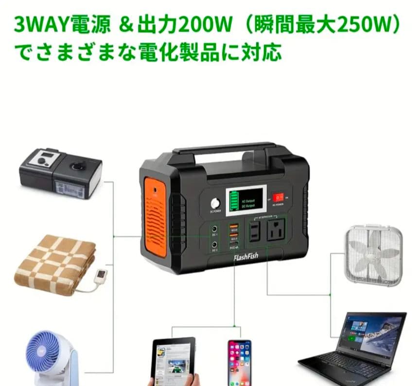 【人気商品入荷_応談可】アウトドアや緊急時に！FlashFish ポータブル電源