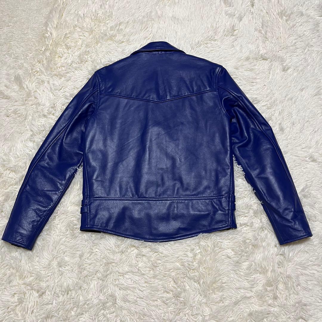 【美品】HORN WORKS レザー ダブルライダースジャケット LL ブルー