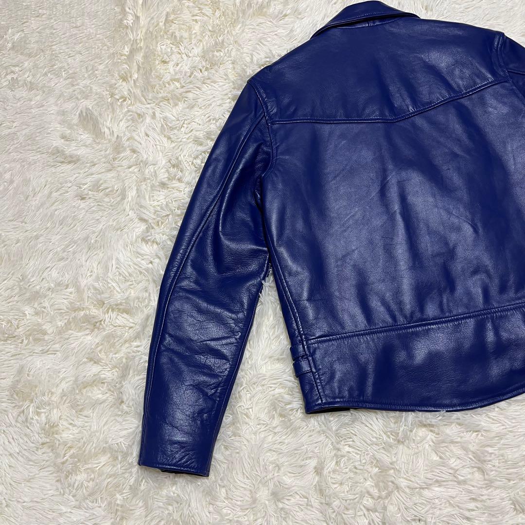 【美品】HORN WORKS レザー ダブルライダースジャケット LL ブルー