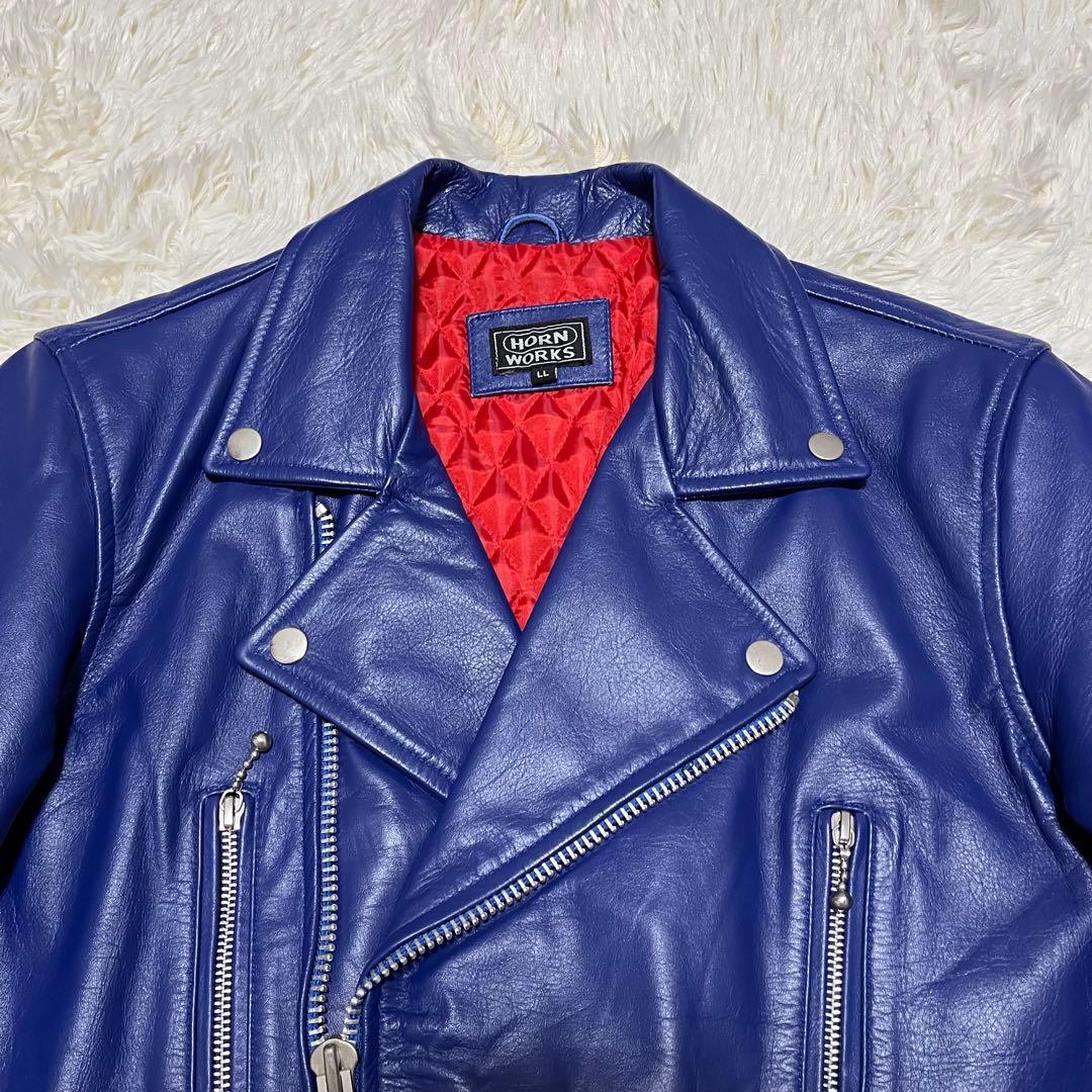 【美品】HORN WORKS レザー ダブルライダースジャケット LL ブルー