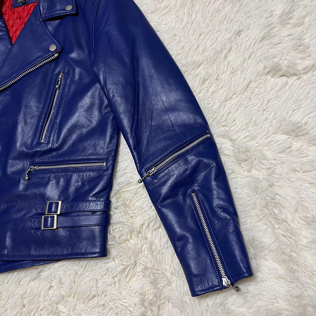 【美品】HORN WORKS レザー ダブルライダースジャケット LL ブルー