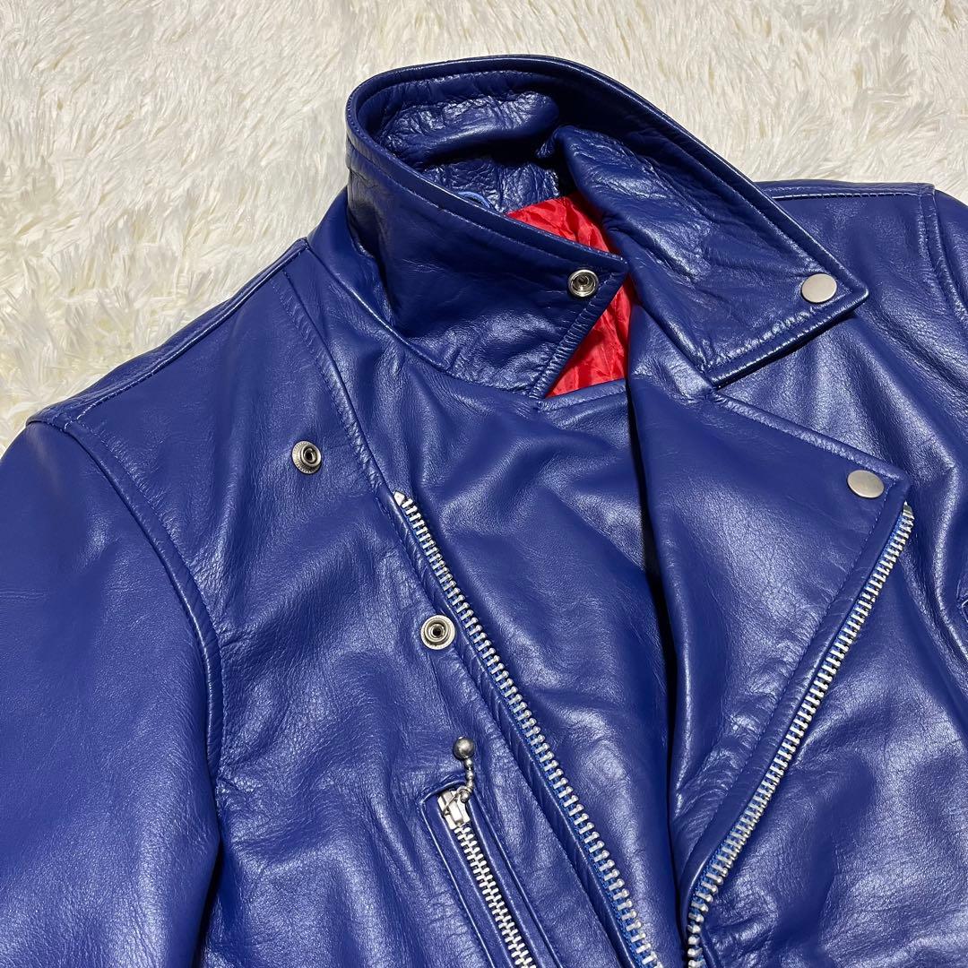 【美品】HORN WORKS レザー ダブルライダースジャケット LL ブルー