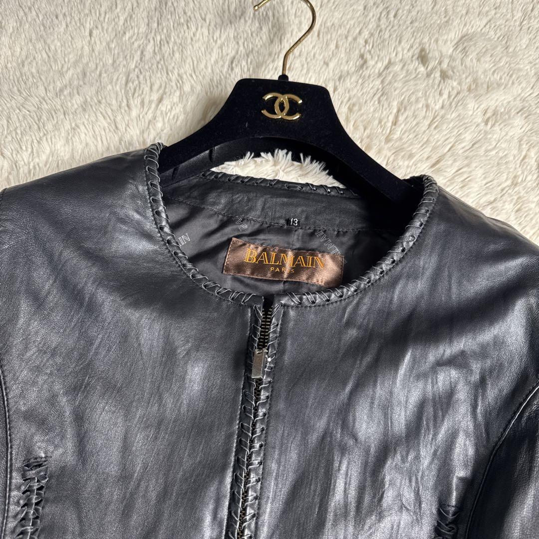 【美品】BALMAIN バルマン ノーカラーレザージャケット 羊革 XL
