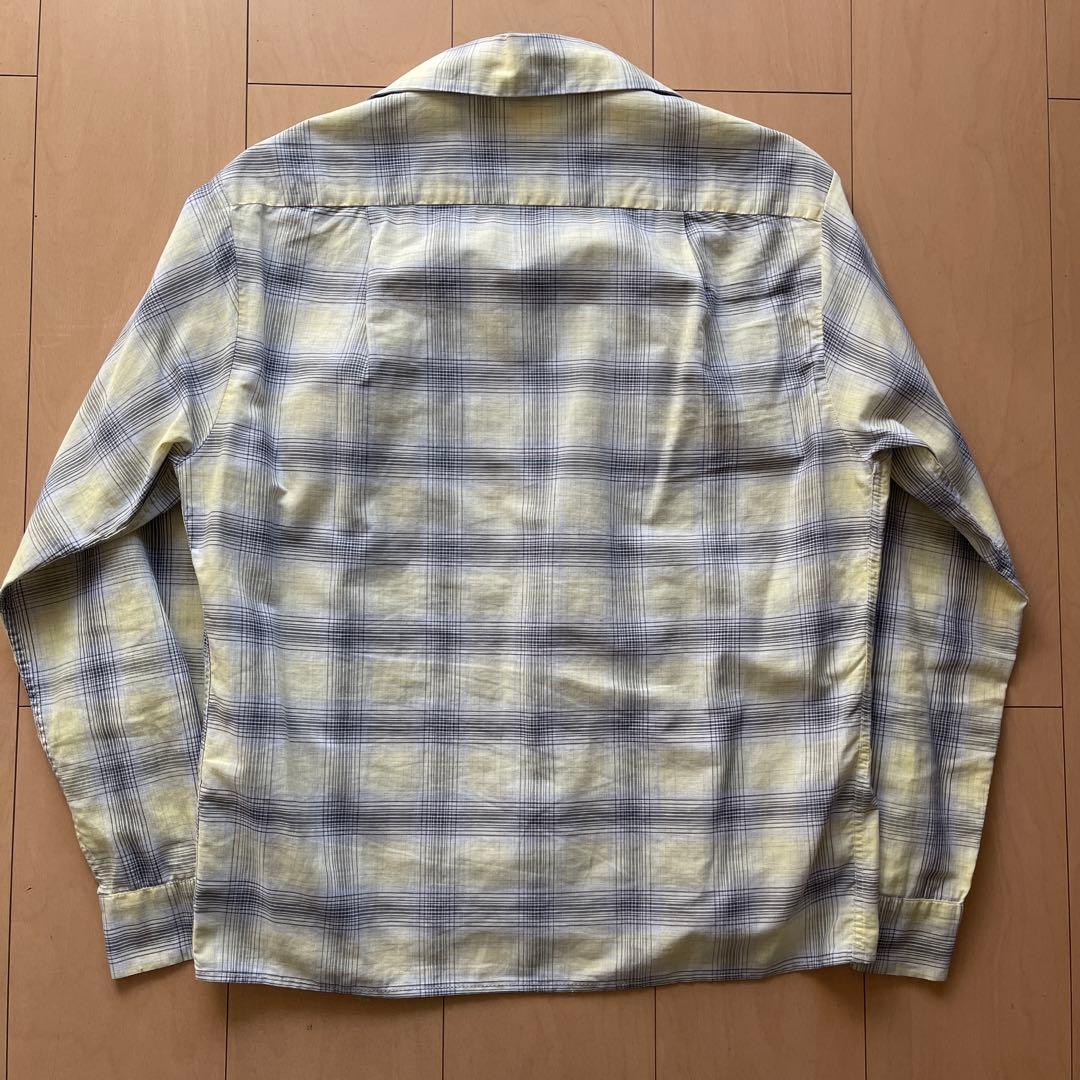 50's オープンカラーシャツ　コットン　黄黒白　オンブレ　シャドーチェック　M