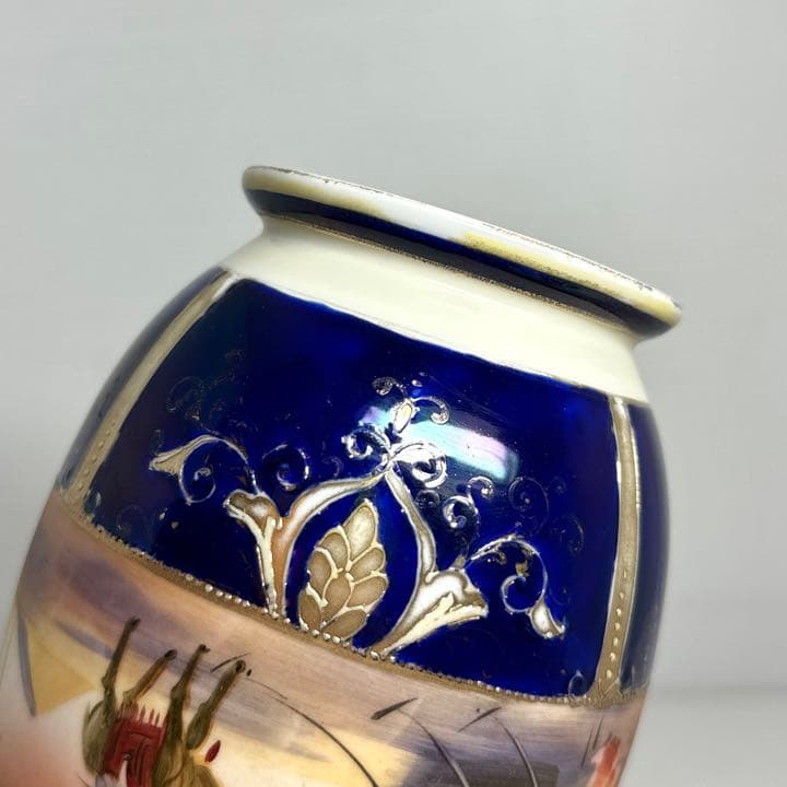 1908年代 オールドノリタケ 耳付き花瓶 壺 金盛上藍砂漠風景