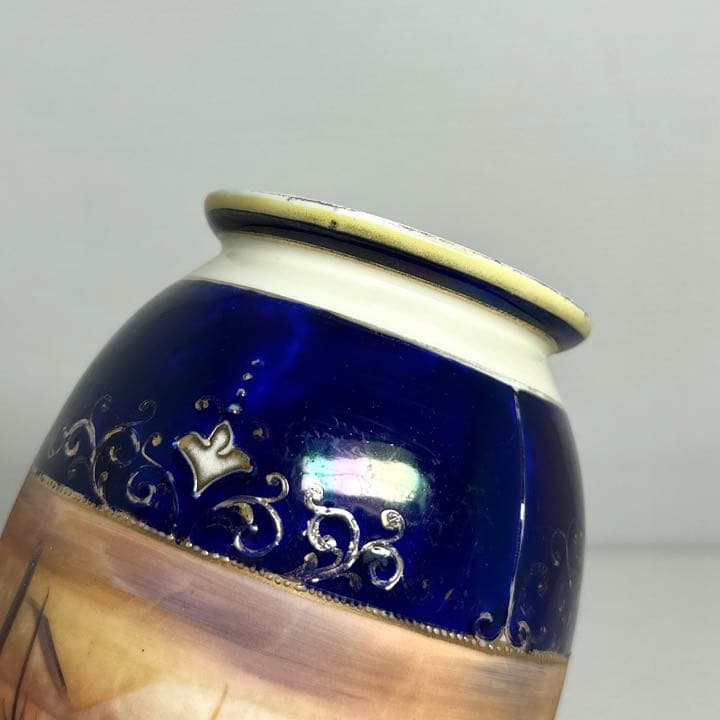1908年代 オールドノリタケ 耳付き花瓶 壺 金盛上藍砂漠風景