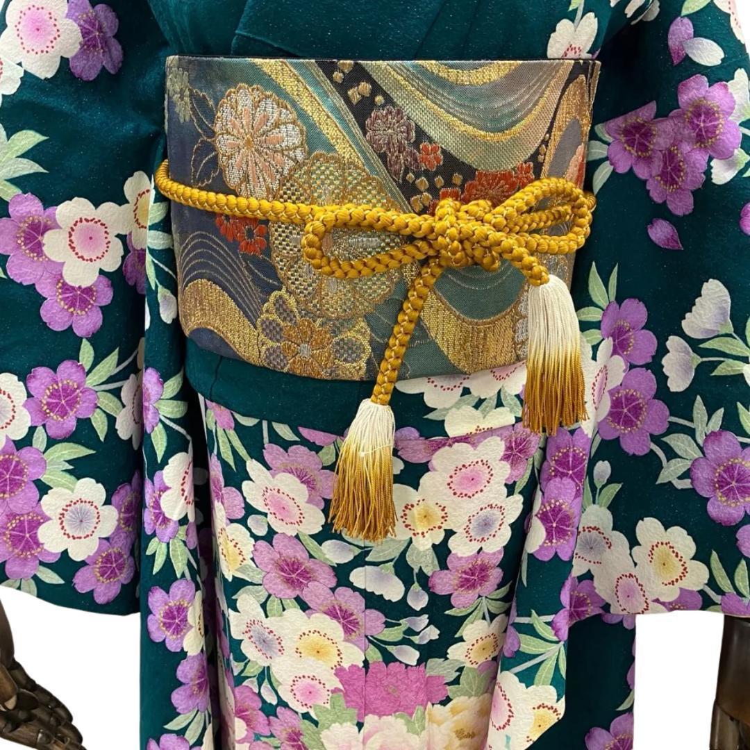 【美品】 振袖 正絹 古典柄 ラメ 桜 単品 成人式 緑 *160 ●