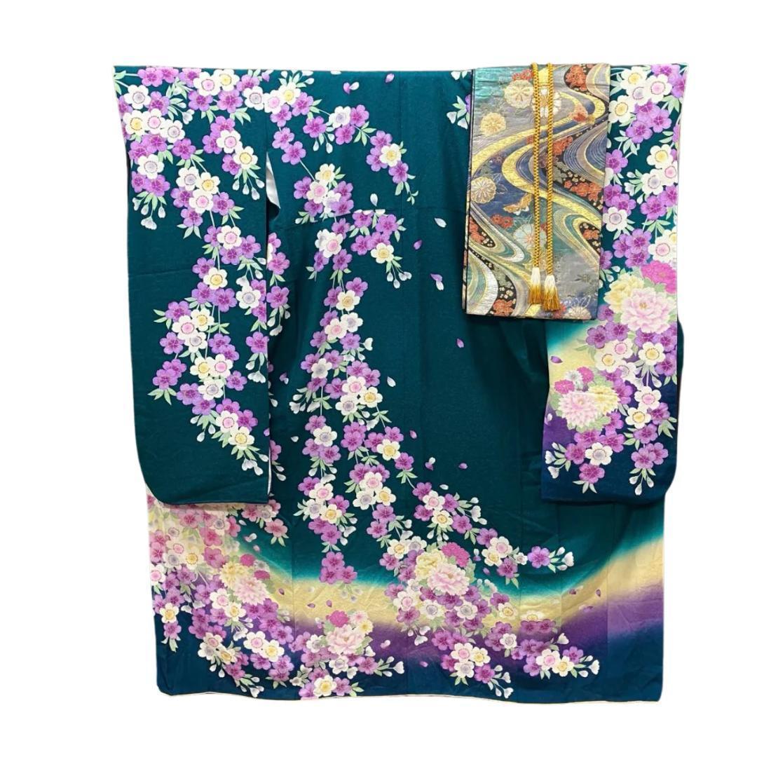 【美品】 振袖 正絹 古典柄 ラメ 桜 単品 成人式 緑 *160 ●