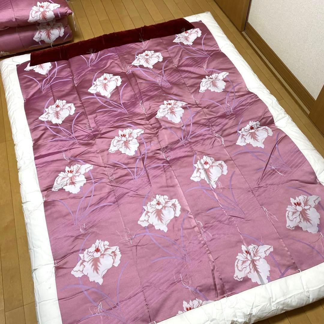 【美品】高級布団（掛・敷セット）2セット　掛カバー2枚　緞子　布団店あつらえ