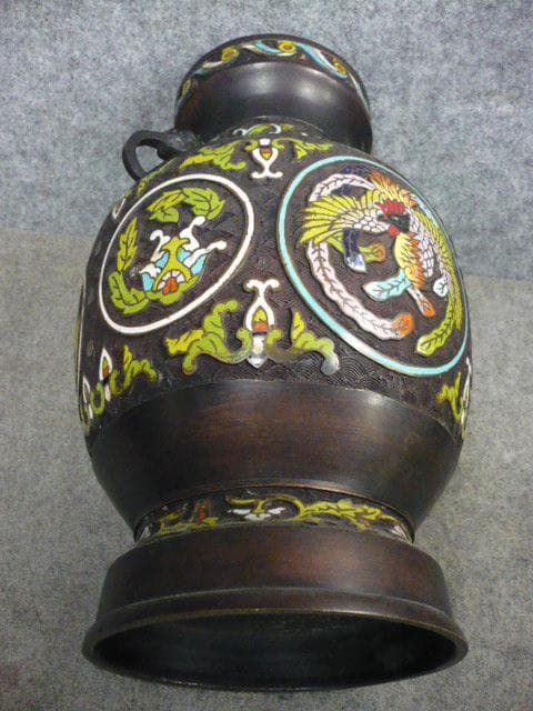 古銅七宝丸文に鳳凰図花瓶 [B31553]