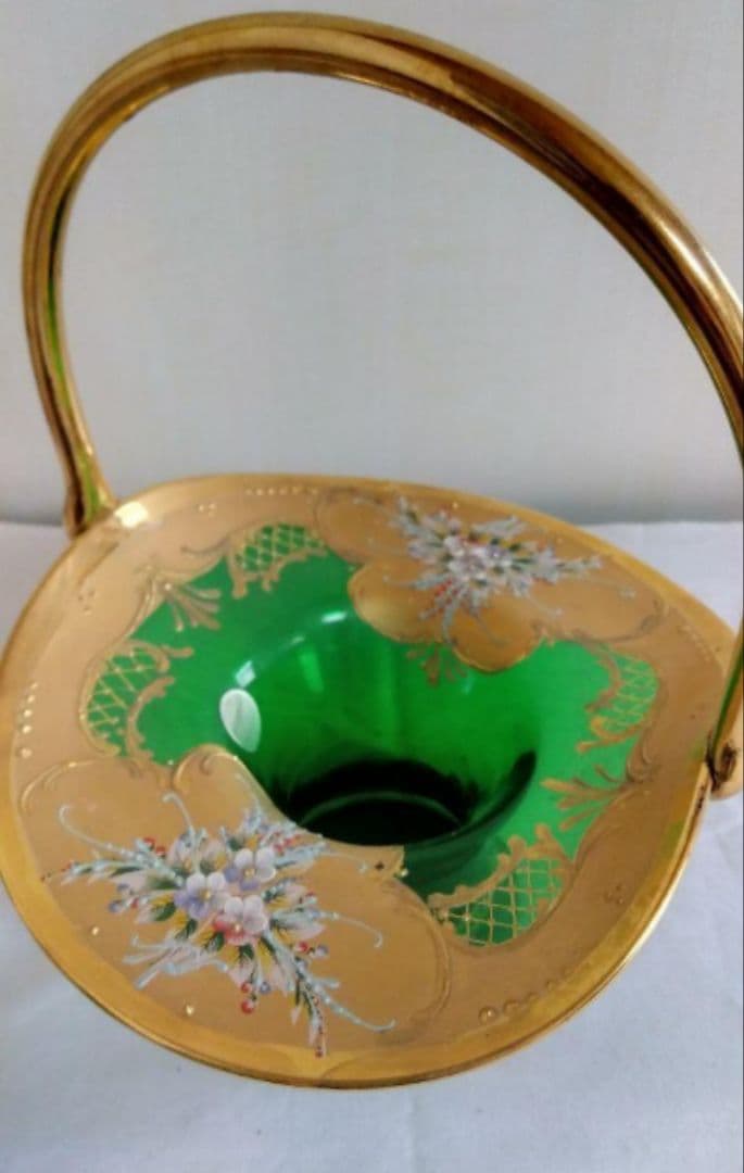 お値下げ　ベネチアンガラス バスケット グリーン　金 　花器　インテリ　美術品