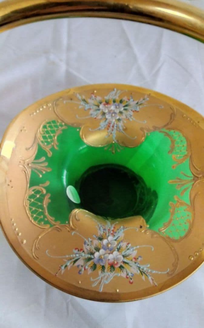 お値下げ　ベネチアンガラス バスケット グリーン　金 　花器　インテリ　美術品