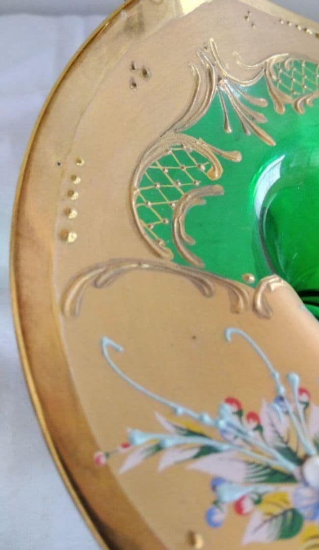 お値下げ　ベネチアンガラス バスケット グリーン　金 　花器　インテリ　美術品