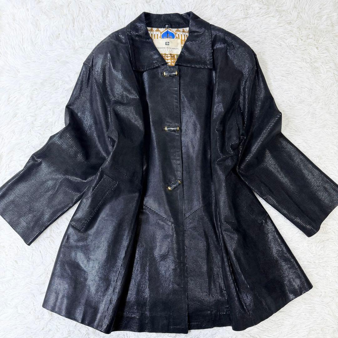 【希少デザイン】Pierre Balmain 裏地総柄　レザーコート　金ボタン
