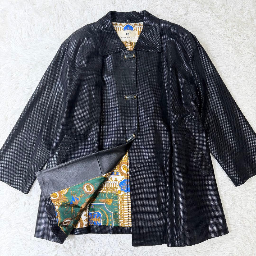 【希少デザイン】Pierre Balmain 裏地総柄　レザーコート　金ボタン