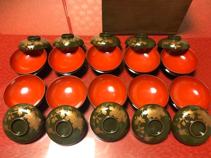 牡丹 蒔絵 小吸物椀 10客 江戸期 希少品