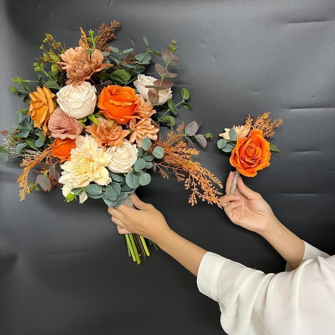 春婚におすすめ 2点セット ウェディングブーケ 明るいオレンジ 高級造花