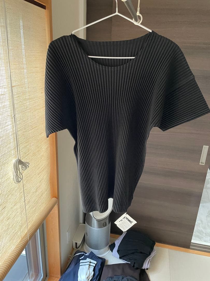 プリーツ半袖Tシャツ サイズ2 黒　オムプリッセイッセイミヤケ