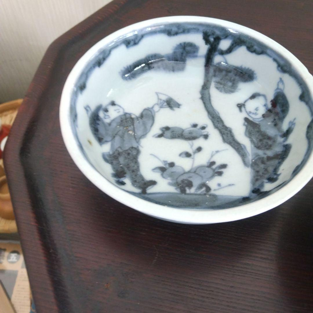 古伊万里 三平皿二点 染付手描き 唐子図柄 上手