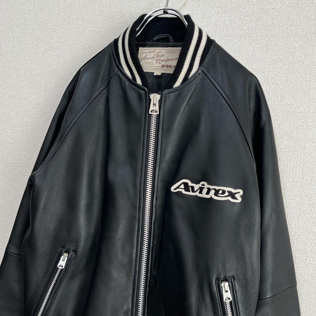 【美品】AVIREX ラムレザー ブルゾン アーチロゴ ブラック M