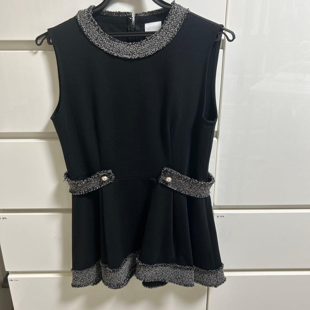 メゾンエシェル　ツイードトリミングポンチフレアトップス　ブラック　S