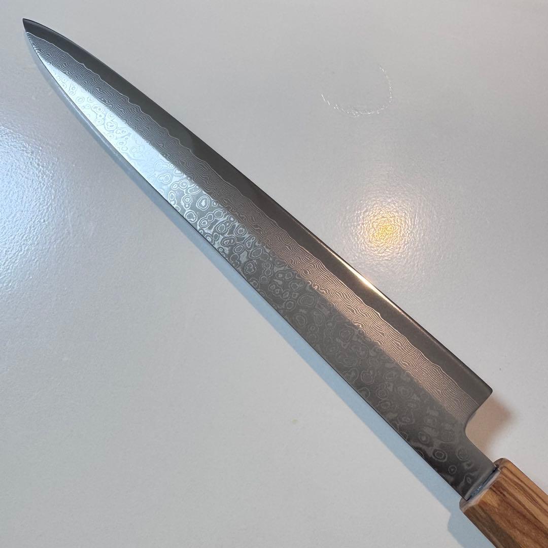 270mm ダマスカス墨流し柳刃包丁 オリーブウッド八角柄 鏡面仕上げ 刺身用
