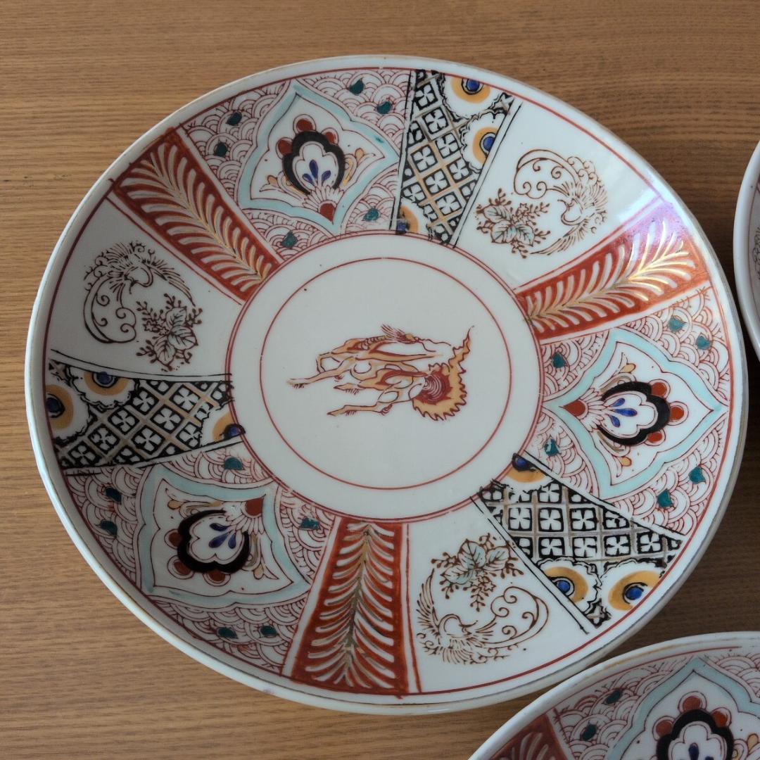 縁起物大皿5点手描き絵金絵昭和レトロ アンティーク器麒麟骨董 金彩色絵