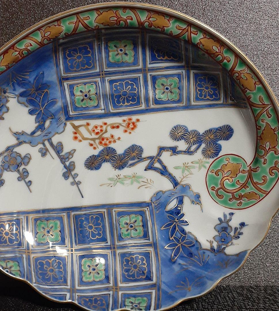 【名品麗美❗️】江戸時代　古伊万里　染錦　金彩色絵　松竹梅に花市松文　鮑形変形皿