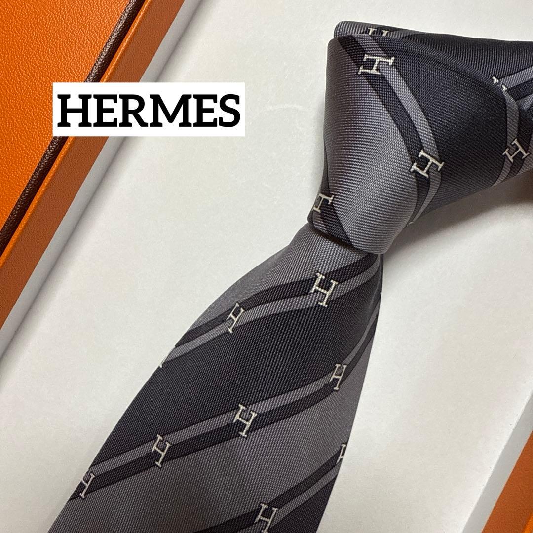 美品　エルメス　ネクタイ　グレー　H柄 ストライプ