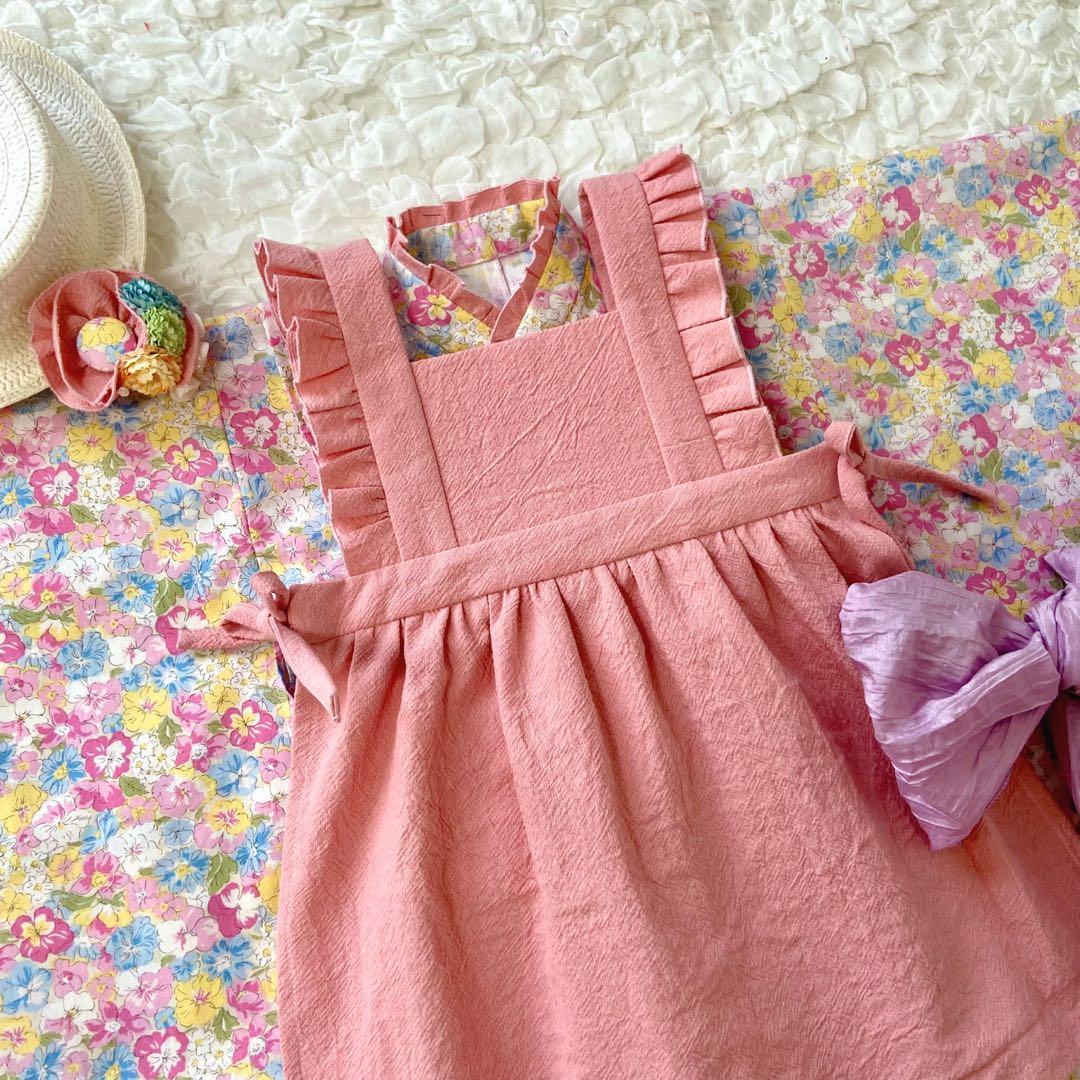 七五三 3歳 女の子 着物＆被布エプロンセット カラフルピンク／ハンドメイド