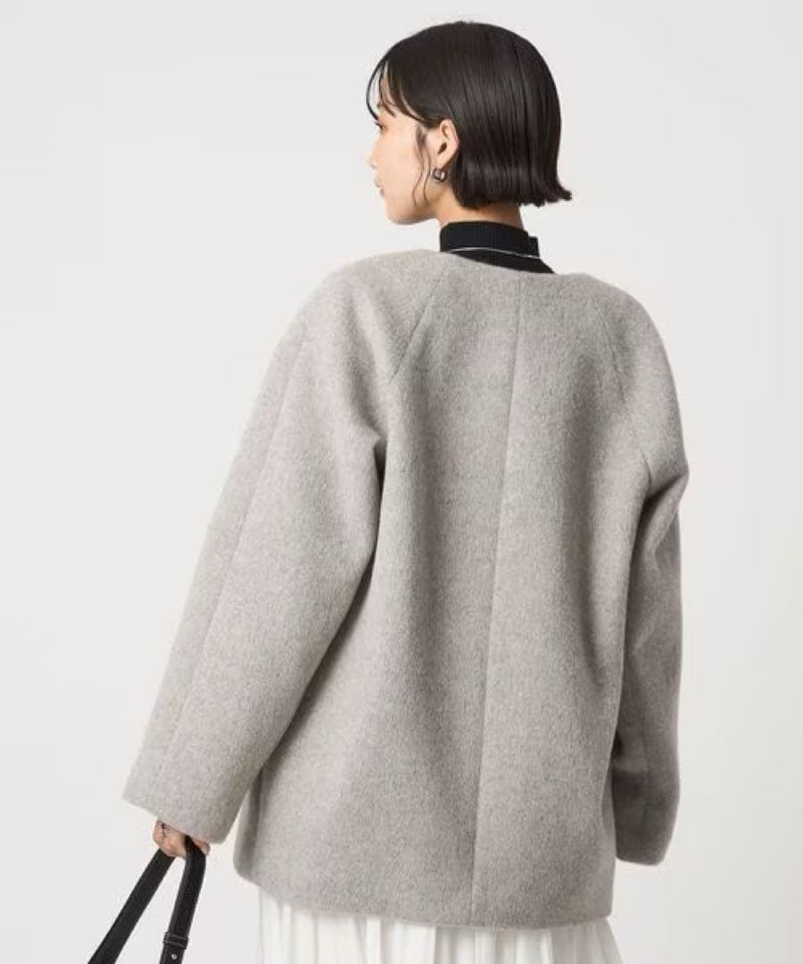 新品　グリーンレーベルアンゴラビーバー ノーカラー ミドル コートライトグレーS