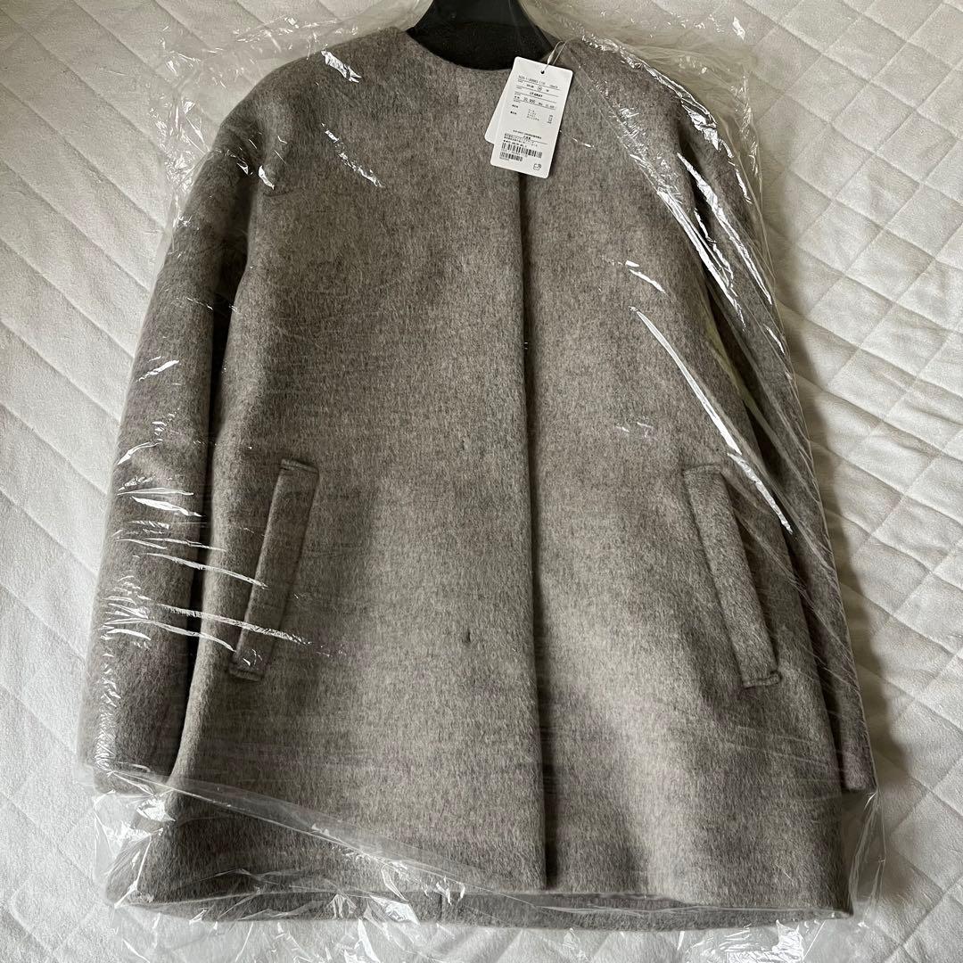 新品　グリーンレーベルアンゴラビーバー ノーカラー ミドル コートライトグレーS