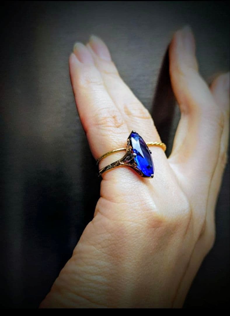 希少✨️戦前✧*。K18 合成サファイア ２色金 昭和ヴィンテージリング 6号