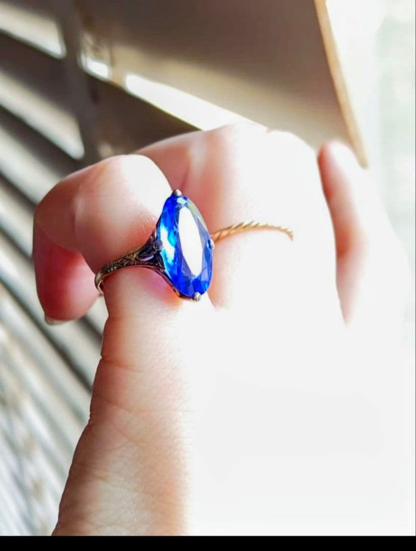 希少✨️戦前✧*。K18 合成サファイア ２色金 昭和ヴィンテージリング 6号