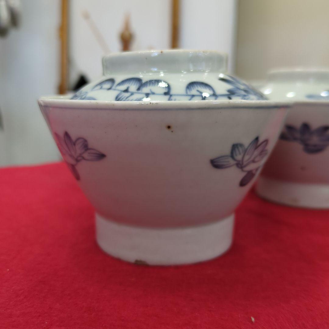 骨董　古伊万里　染め付け　蓋付き碗　煮物碗　飯碗　4つ
