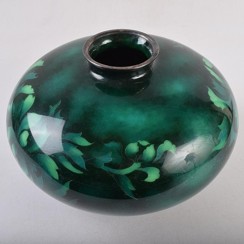 七宝焼　安藤七宝店　SILVER刻印　翡翠釉　花文　花瓶　共箱　M　R8879B