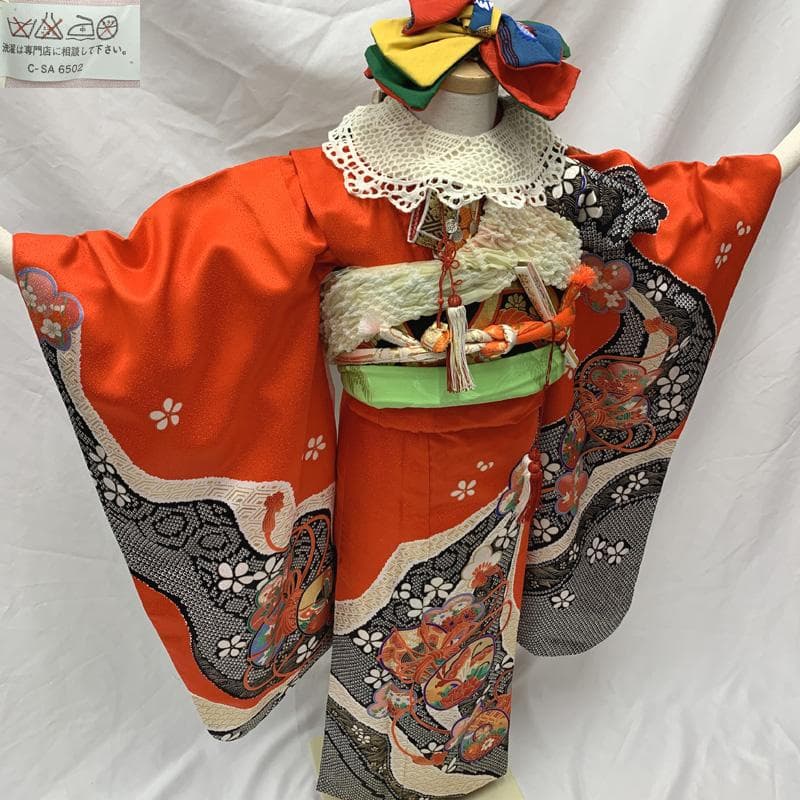 406ag61□七五三 七歳 女児 着物&袋帯&長襦袢 金彩 鼓文□美品