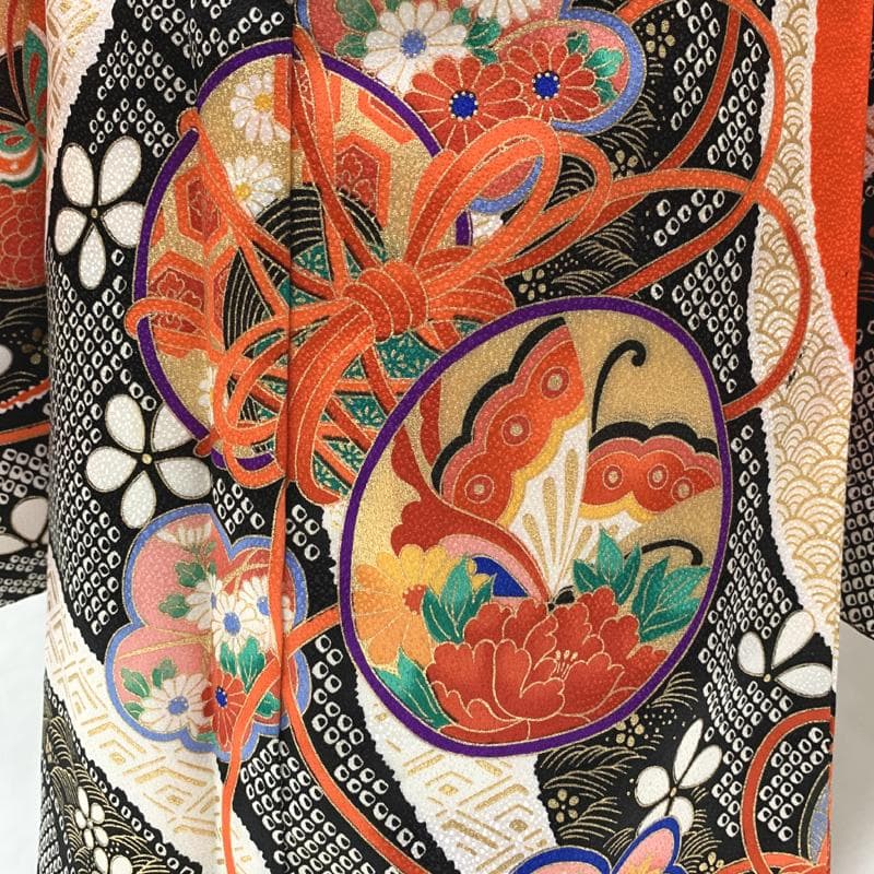 406ag61□七五三 七歳 女児 着物&袋帯&長襦袢 金彩 鼓文□美品