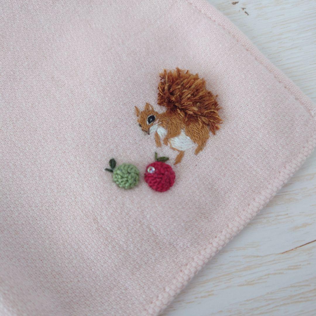 手刺繍入ちっちゃな タオルハンカチ【りす君と林檎】