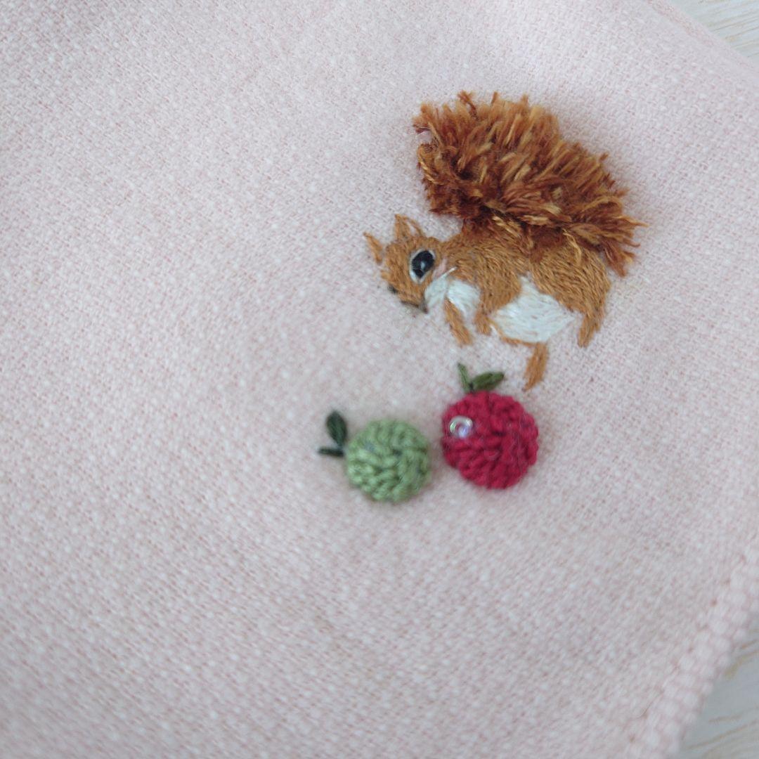 手刺繍入ちっちゃな タオルハンカチ【りす君と林檎】