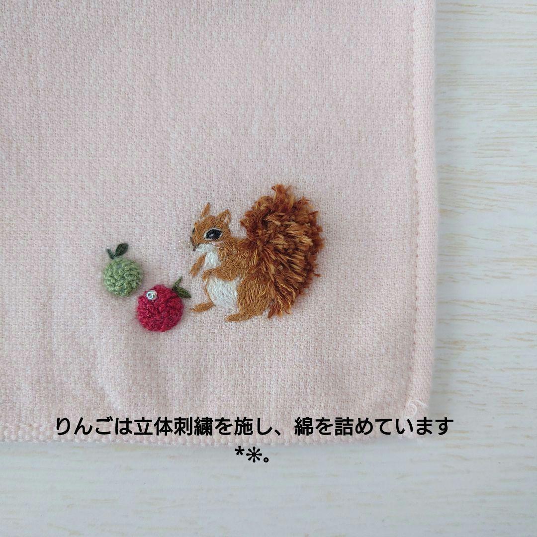 手刺繍入ちっちゃな タオルハンカチ【りす君と林檎】