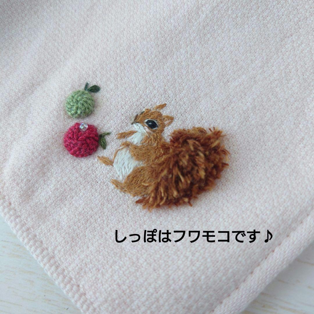 手刺繍入ちっちゃな タオルハンカチ【りす君と林檎】