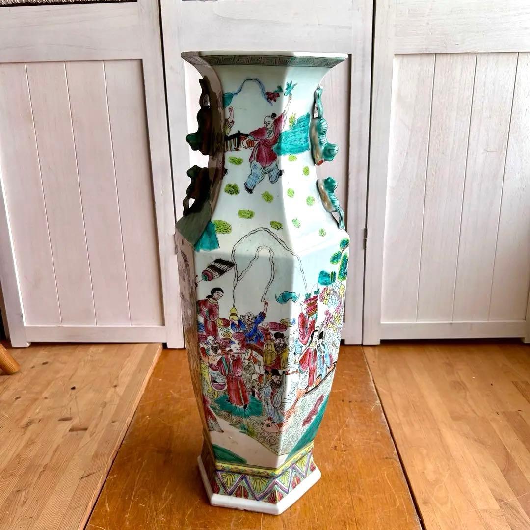 粉彩大花瓶 仙人図絵 花文双耳 八角瓶 珍品 中国