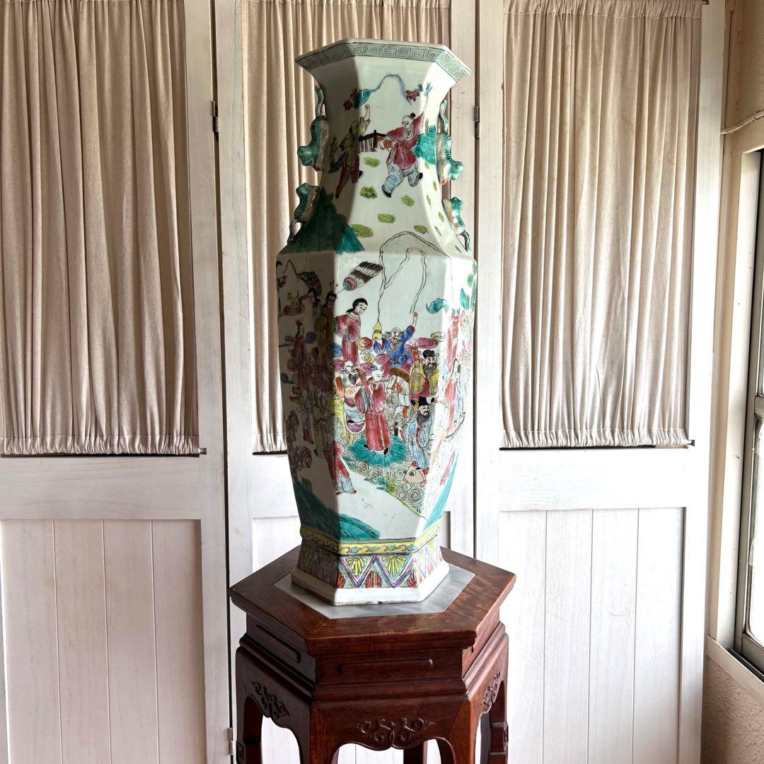 粉彩大花瓶 仙人図絵 花文双耳 八角瓶 珍品 中国