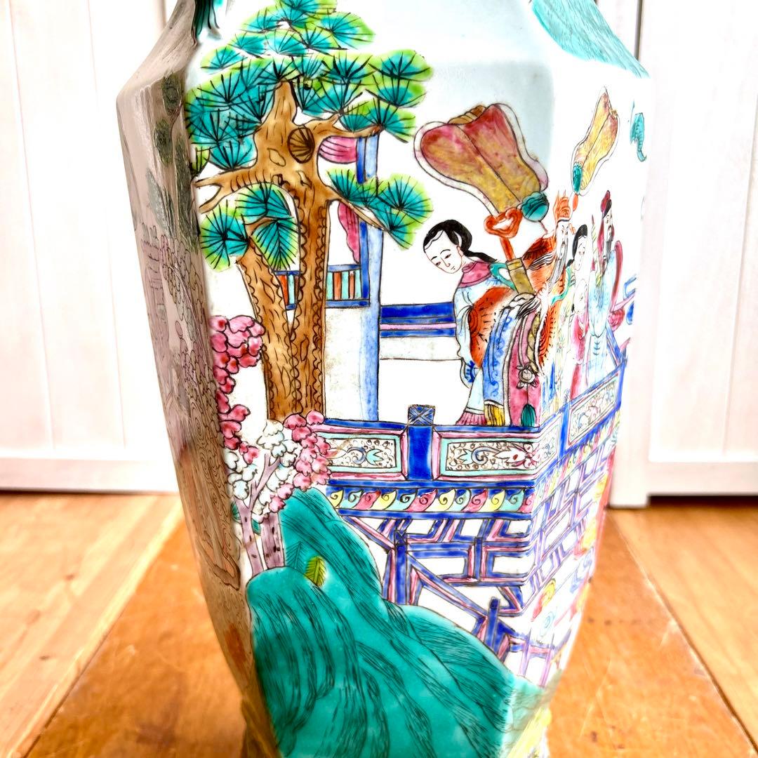 粉彩大花瓶 仙人図絵 花文双耳 八角瓶 珍品 中国