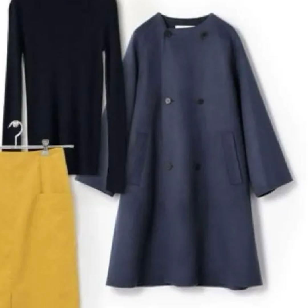 GALERIE VIE ネイビー ウールダブルフェイス　ノーカラーコート　36